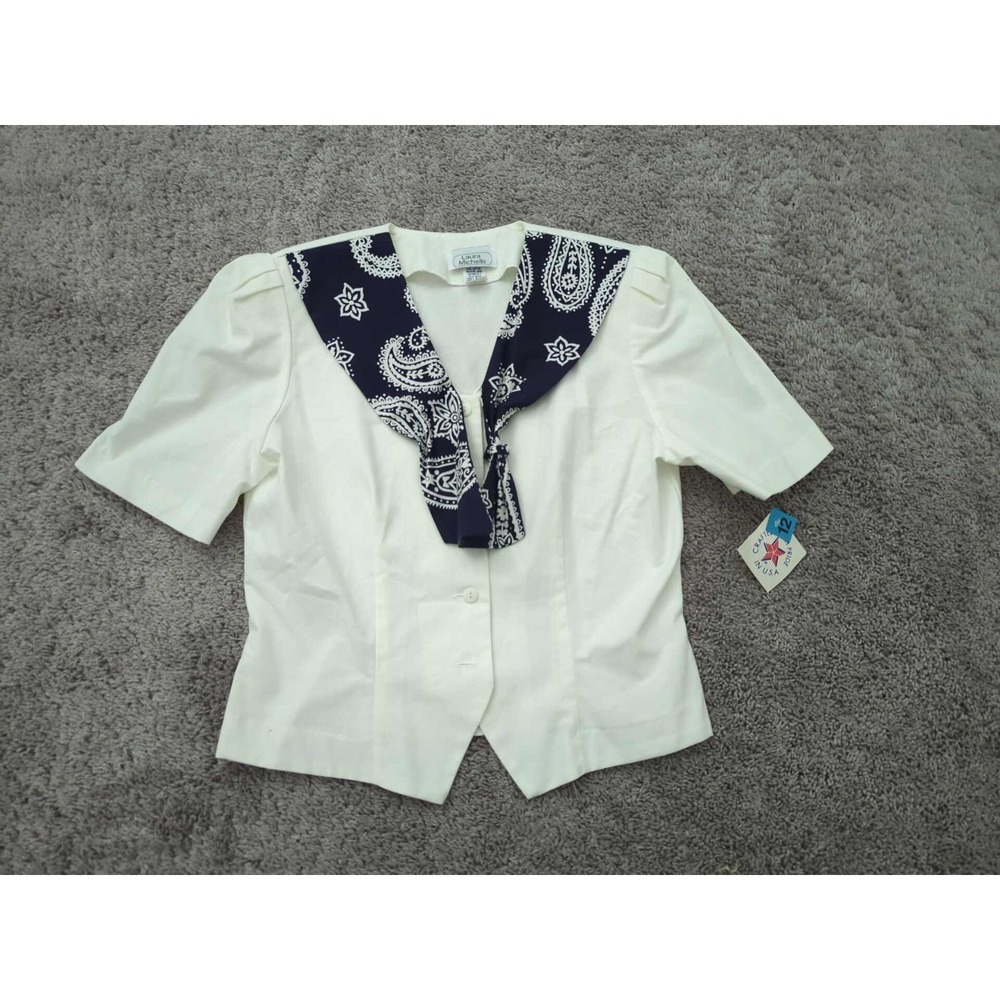 Laura Michelle Top Womens 12 Ivory Button Up Bandana Style Collar Made in USA